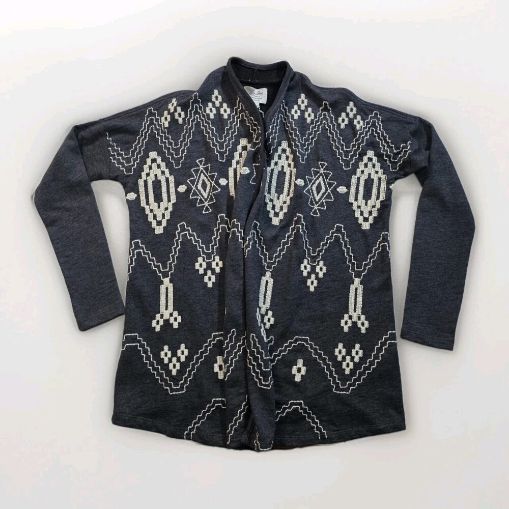Lucky Lotus Aztec Tribal Embroidered Cardigan Women M Gray Cotton Boho Lagenlook - Picture 10 of 16